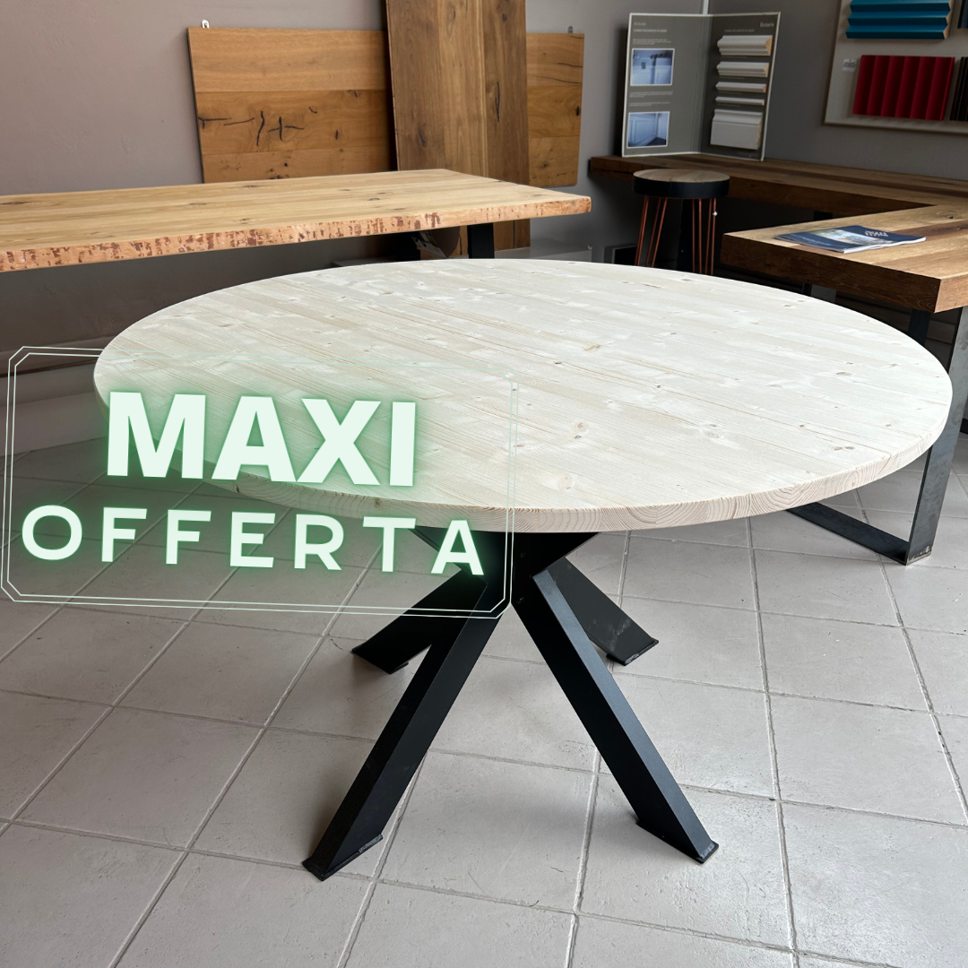 MAXI OFFERTA - Tavolo tondo in abete lamellare grezzo con gamba "star" in acciaio verniciata