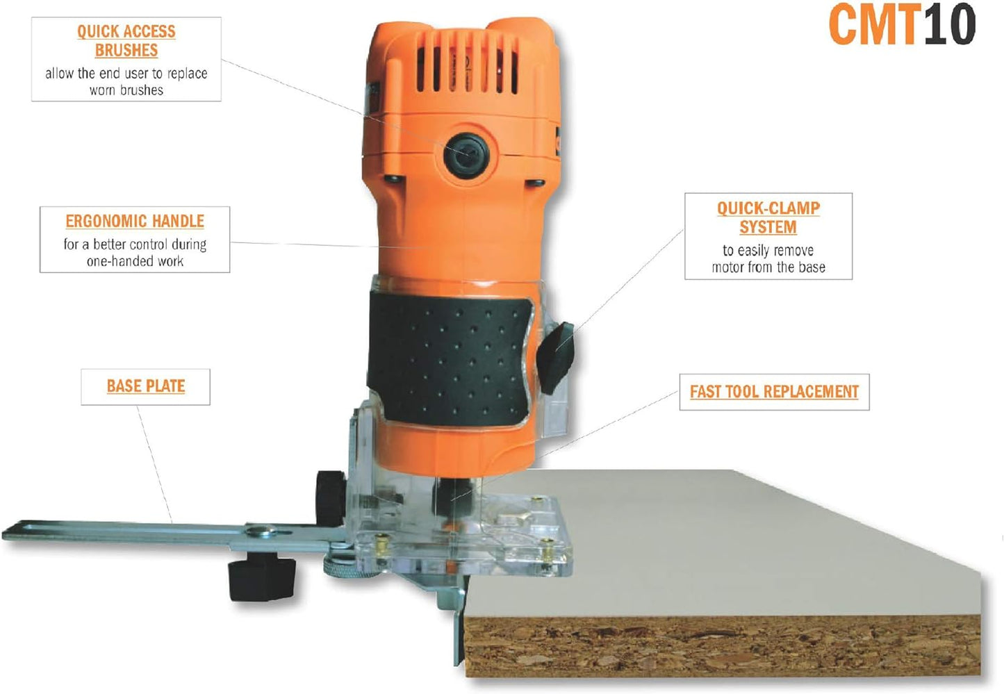 CMT10 Elettrofresatrice Professionale per Bordi 550W-230V con Pinze 6/8 mm, 550 W, 230 V, Arancio/Nero, per legno