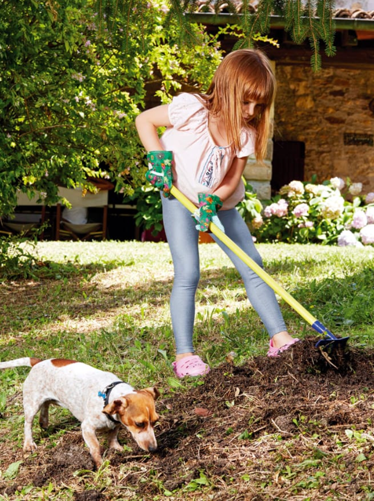 Rastrello Da Giardino Per Bambini, Manico In Legno 24", Testa In Plastica Verde, Raccoglie Foglie - Foto 1